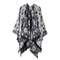 Daily Life Floral Printing Wool Spinning Shawl for Women Open Stitch Coat Autumn Winter Thick Warm Multicolor Poncho Shawls